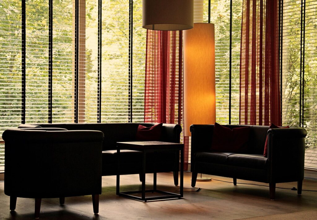 lobby, nature, lounge, seating, lamps, impression, window, venetian blinds, trees, the atmosphere, modern, relaxation, resting, to sit, seating furniture, dim light, incidence of light, interior design